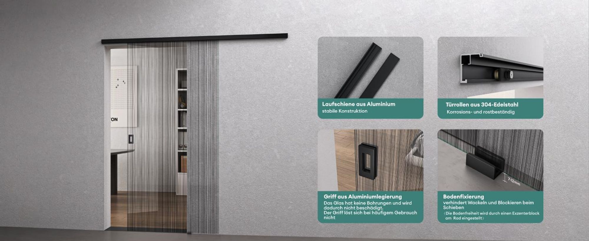 Mai & Mai Glasschiebetür komplettset softclose Zimmertür Matt Schwarz, BxH: 102,5x205cm 8mm ESG-Sicherheitsglas, Schiebetür Glas gebürstet Muranino-001