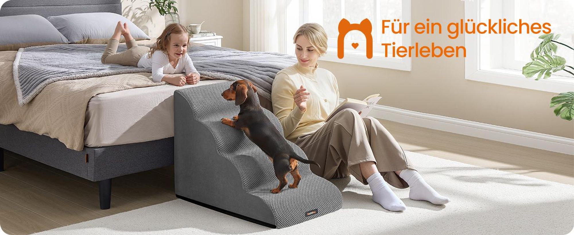 Feandrea Hundetreppe, 4 Stufen, Waffelcord, Haustiertreppe, für Bett, Sofa, wasserdicht, rutschfest, geringe Neigung, abnehmbarer waschbarer Bezug