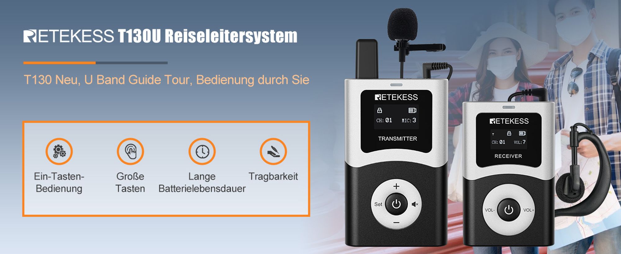Retekess T130U (T130 4rd) Tour Guide System, Tour Guide-Headsets, Audioguide, Digitale Übertragung in Hochauflösender Klangqualität
