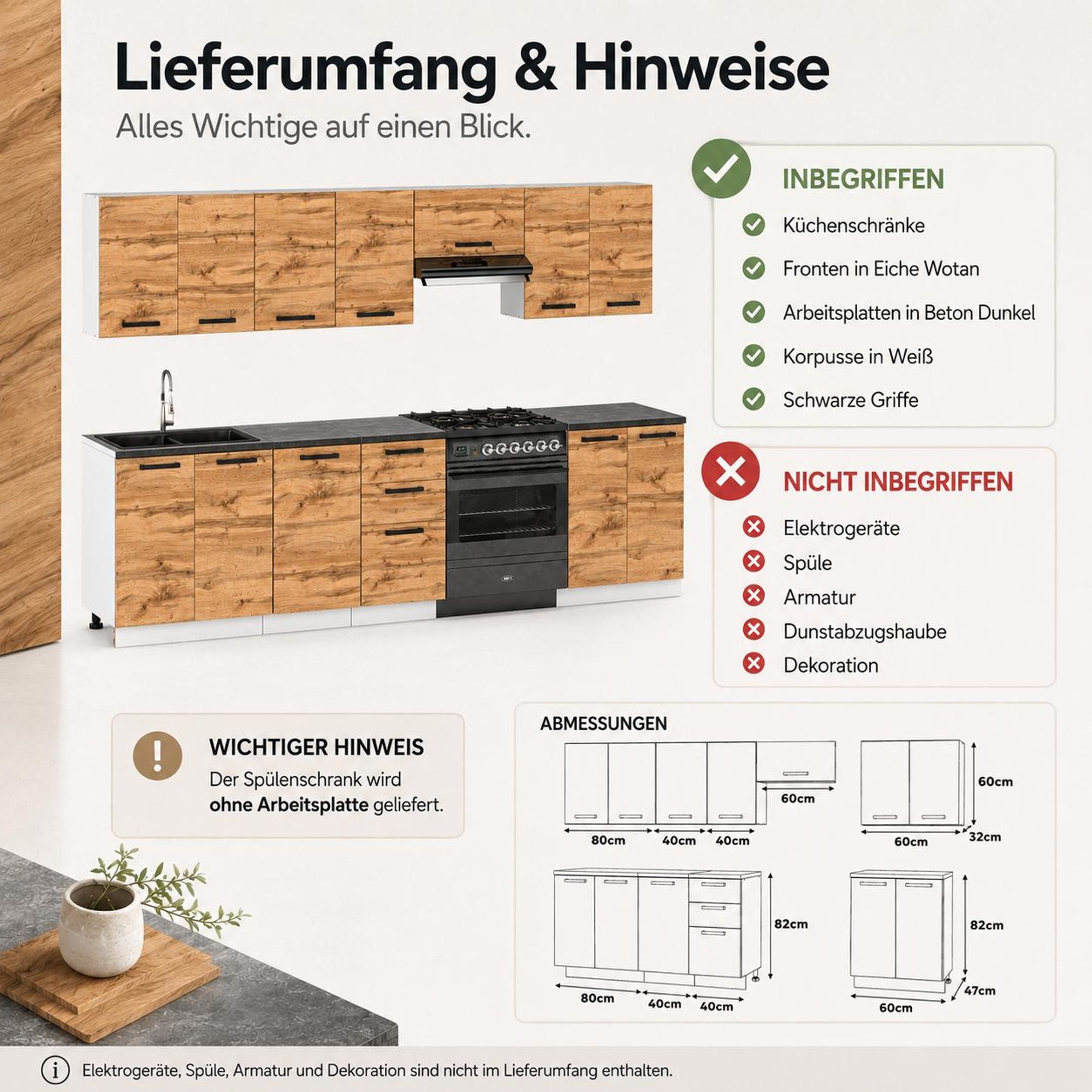 Lieferumfang: Küchenschränke, Blätter & Griffe enthalten. Geräte & Spüle nicht dabei