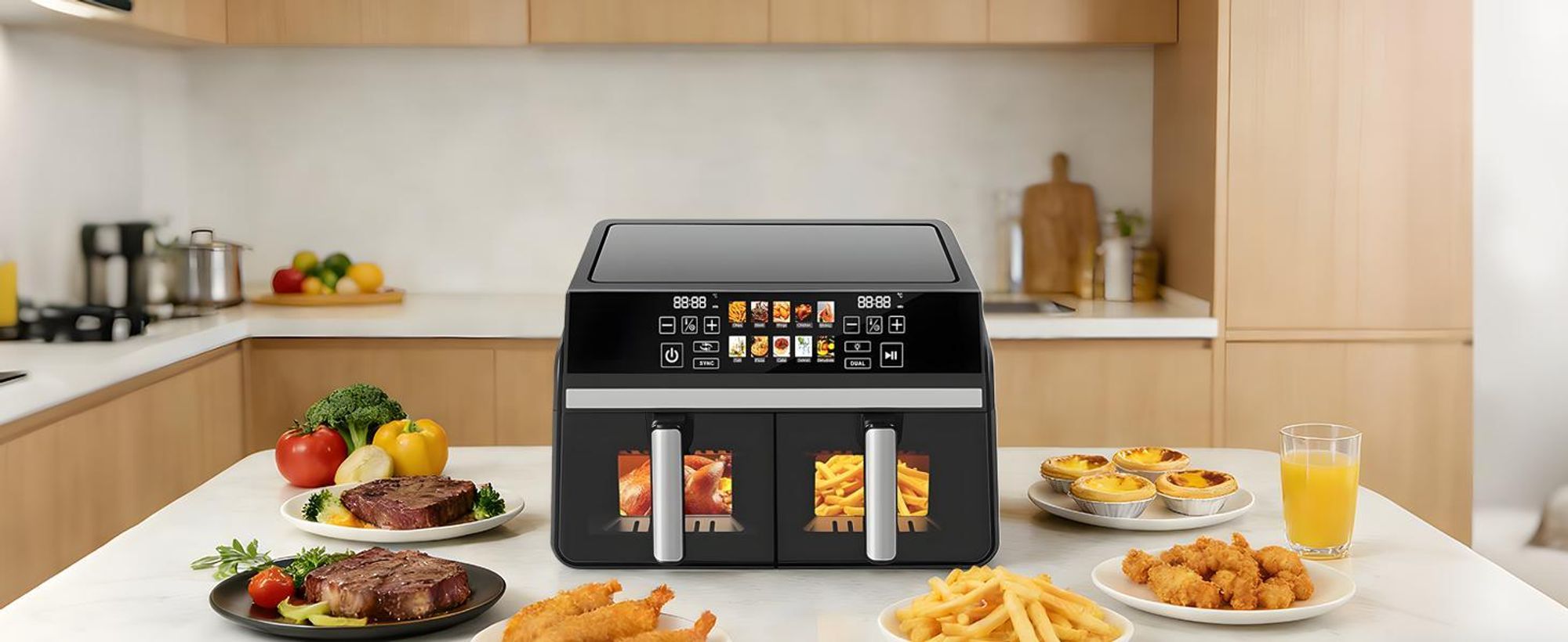 ZMH Heißluftfritteuse 2 Kammern 10L XXL  Air fryer doppelkammer Sichtfenster Dual ZoneSYNC DUAL 2200W Touchscreen Timer bis 24h 10 Programmen