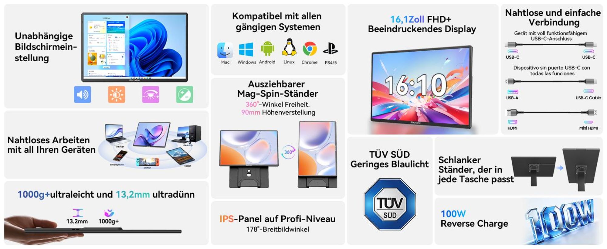 Blackview Table 9 mit Aurabass3 Bluetooth-Box, 16 Zoll FHD tragbarer Monitor, 650g, SÜD , 360° Drehständer, Plug&Play, Kompatibel mit Mac/Win/Android