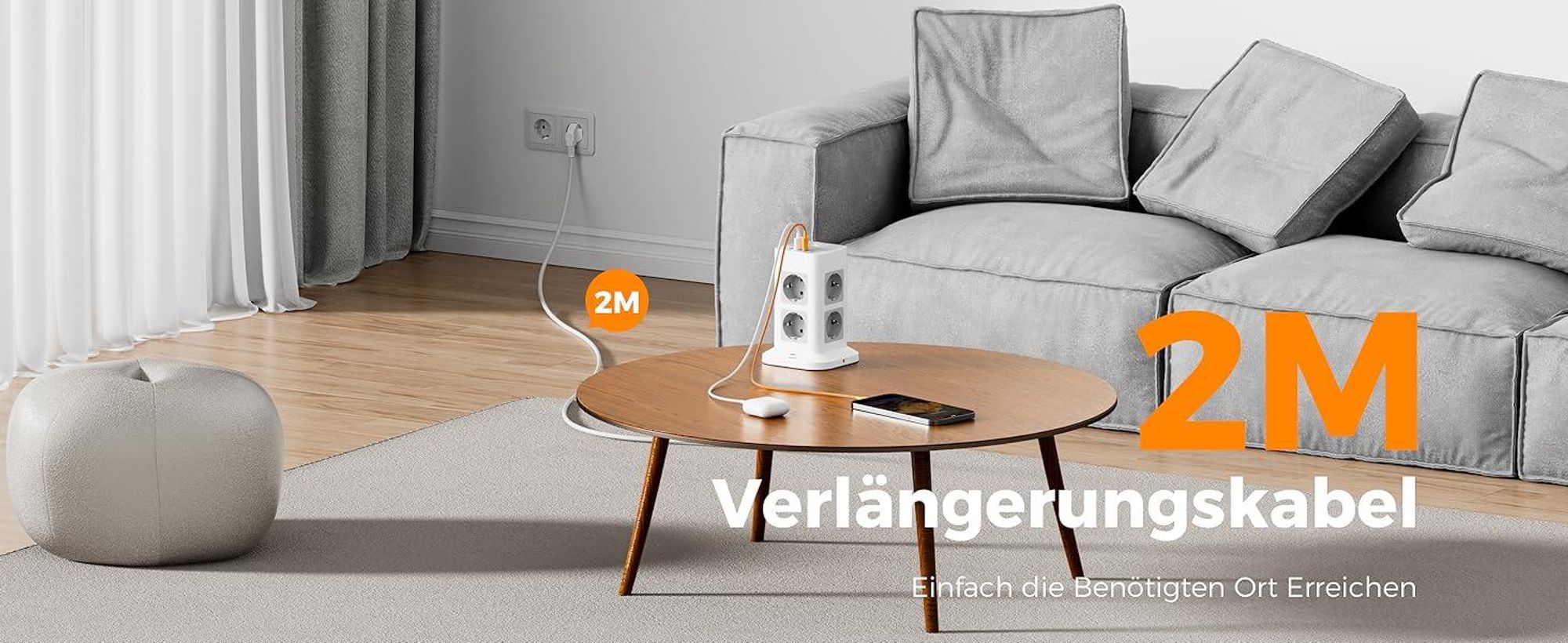 TESSAN 8 Fach Mehrfachsteckdose mit 2 USB C Verlängerungskabel 2M Steckdosenturm mit Schalter Grau 3600W