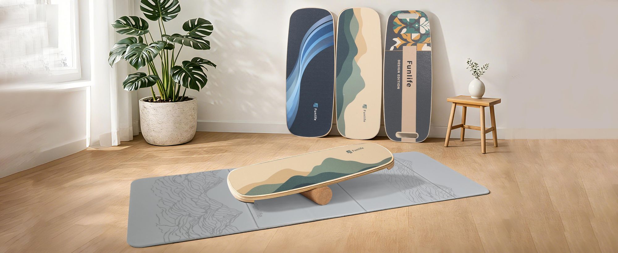 FunLife Balance Board WAVE, gemaakt van berkenhout met een rol – een evenwichtstrainer voor core-training, coördinatie, en training voor surfen, skateboarden en snowboarden