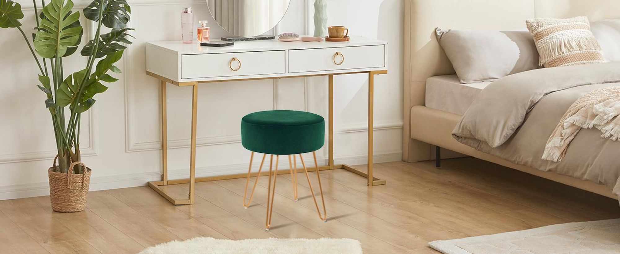 Duhome Sitzhocker Rund Polsterhocker aus Samt Hocker Schminktisch mit Metallbeine, Dunkelgrün