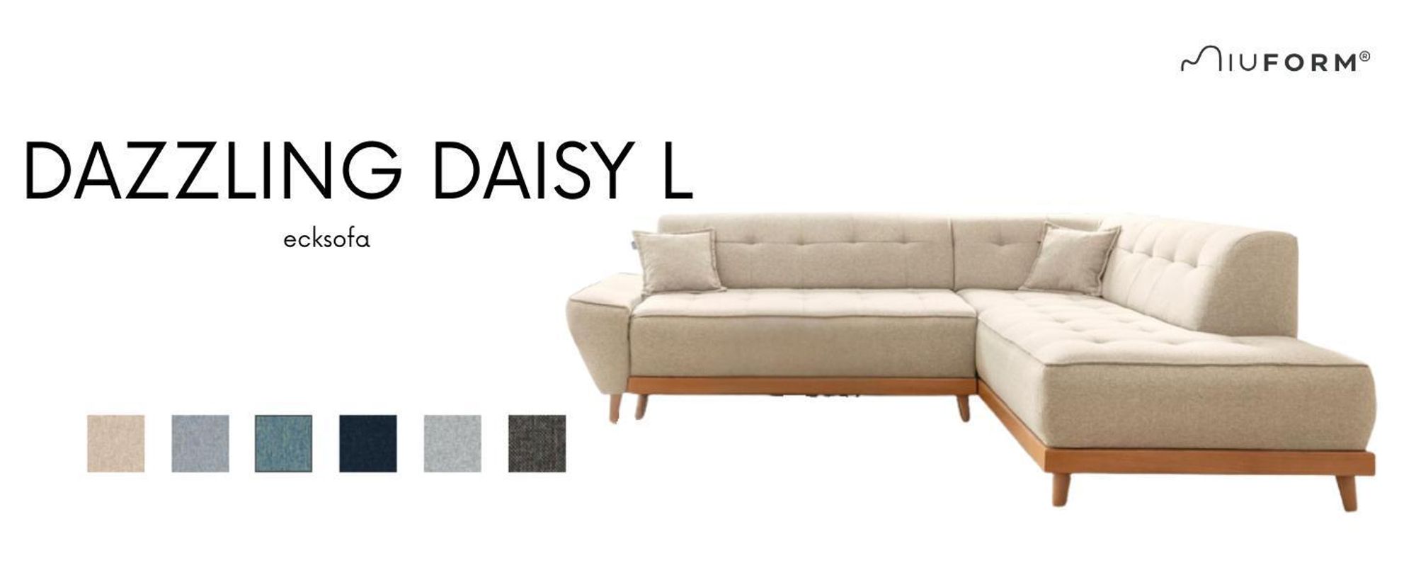 MIUFORM Dazzling Daisy - Ecksofa mit Bettfunktion und Bettkasten L-FORM LINKS - 253x190cm - Türkis - Sofa Schlafsofa Couch