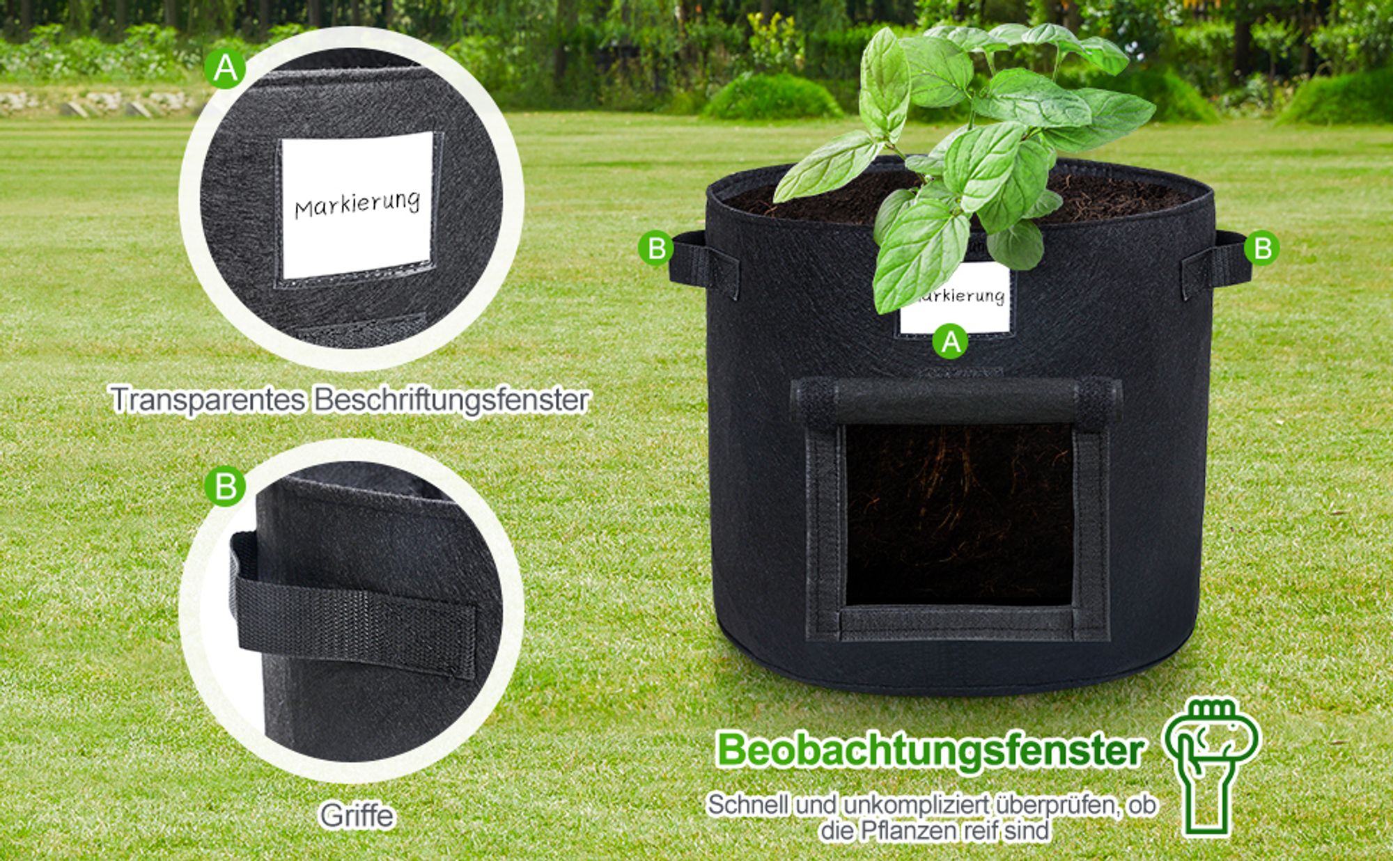 Pflanzsack 5X 60L aus Vliesstoff, Pflanzen Tasche mit 1 Gartenhandschuhe, Pflanztopf Pflanzensack für Kartoffeln,Tomaten, Blumen, Pflanzen, Gemüs