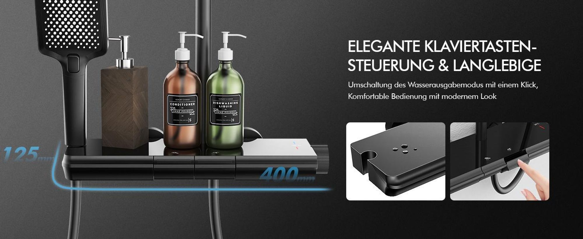 HOMELODY Duschsystem mit Thermostat und Glasablage Schwarz, 30x20cm Groß Kopfbrause, 3 Strahlarten Handbrause, Klavierknöpfen Duscharmatur Komplettset