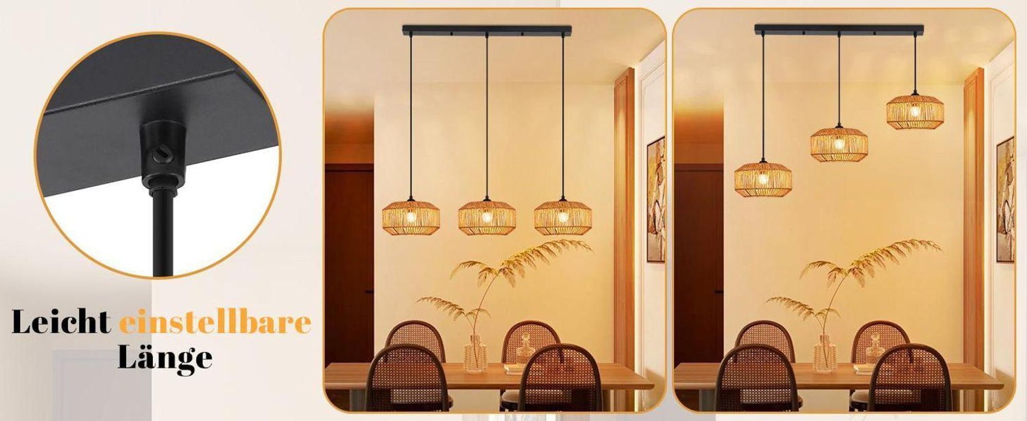 Lámpara colgante ZMH estilo bohemio, lámpara de ratán, ajustable en altura, lámpara colgante de 3 luces, ideal para mesa de comedor, con casquillo E27, para dormitorio