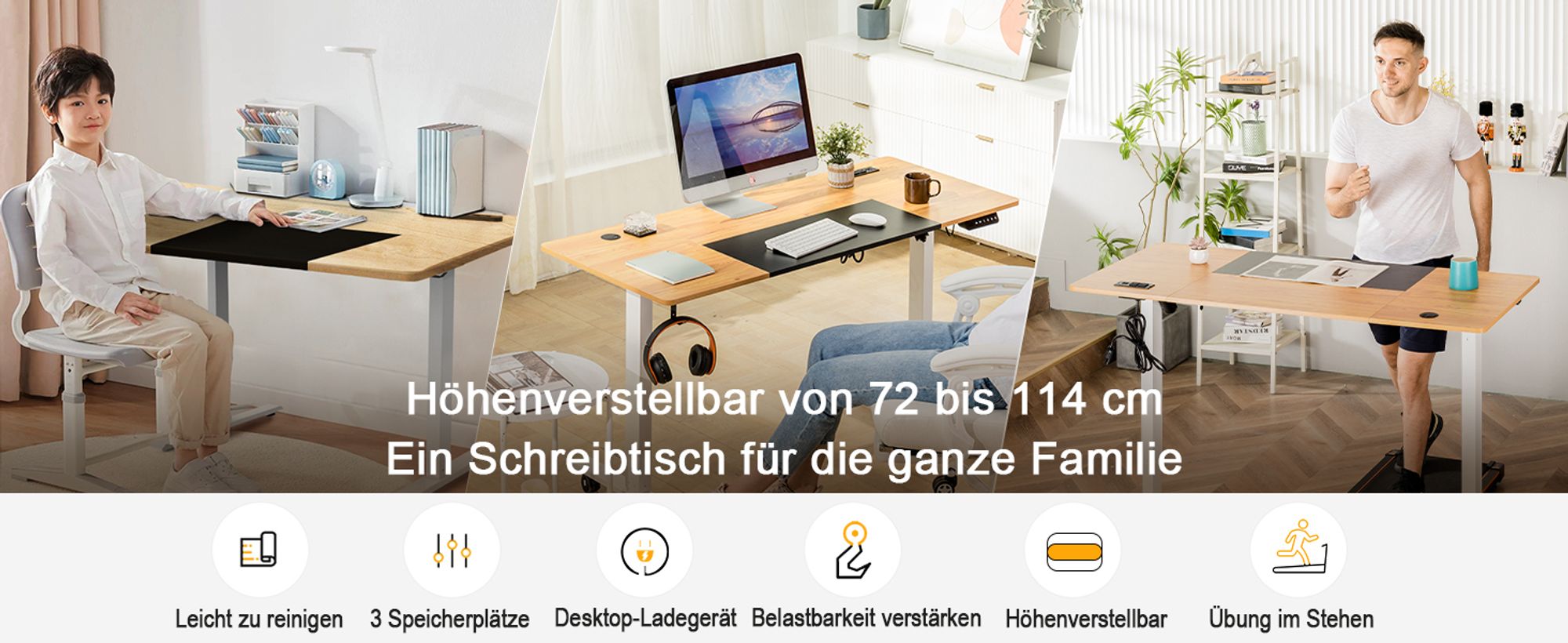 COMHOMA Schreibtisch Höhenverstellbarer Computertisch elektrisch, stufenlos, mit Steckdose und Haken