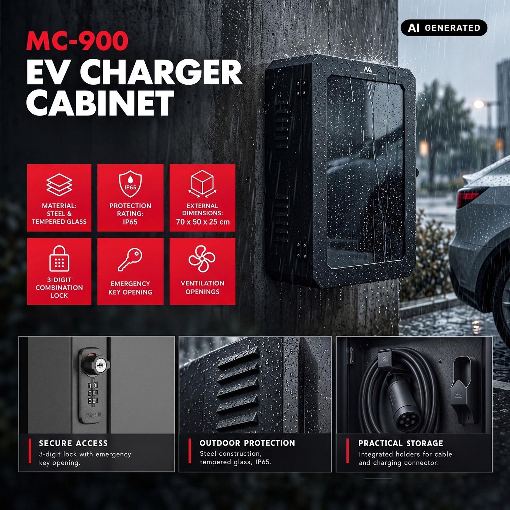 Schrank für EV-Ladegeräte wasserdicht nach IP65 Stahl + gehärtetes Glas Abmessungen 70 x 50 x 25 cm MC-900 Maclean