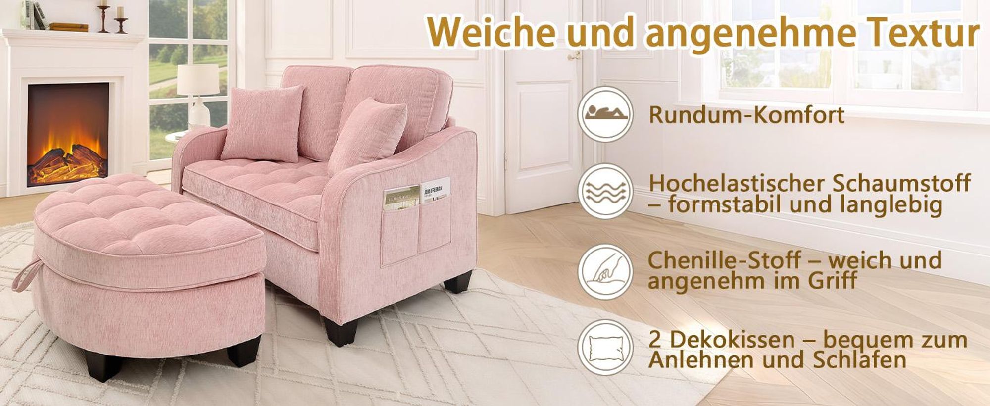MODFU Multifunktionales Sofa Schlafsofa mit Aufbewahrungs-Hocker,Relaxsofa mit rutschfeste Kunststoffbeine,Rosa