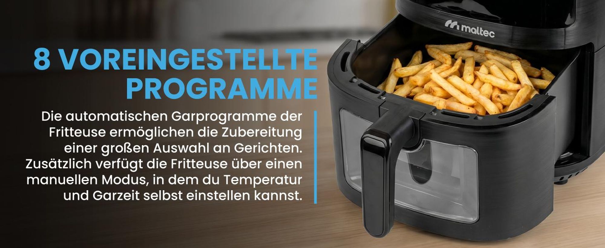 Heißluftfritteuse mit 7 Litern Fassungsvermögen, Sichtfenster und 8 Programmen in Schwarz