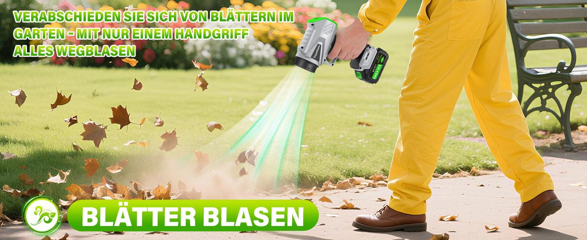 Akku Laubbläser, Handgebläse mit Turbostrahl 65m/s, 400CFM, Bürstenloser Motor, 2×4000mAh Akku, Leicht, Kabellos, Garten, Terrasse, Autoreinigung
