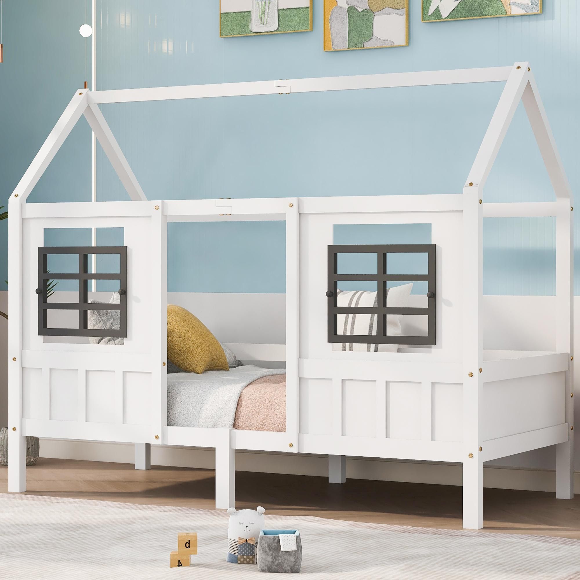 Merax Kinderbett 90x200cm mit Rausfallschutz, Tagesbett Hausbett mit Lattenrost und 2 Fenstern, Massivholzbett Bodenbett Einzelbett für Junge und Mädchen, Weiß