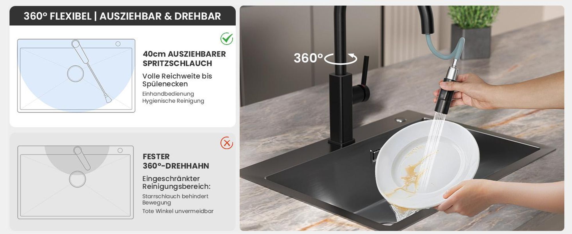 Ausziehbar Wasserhahn Küche Schwarz, 360° Drehbar Spültischarmatur, Cecipa Edelstahl Küchenarmatur, Einhandmischer, 2 Strahlarte  Wasserhahn Küche