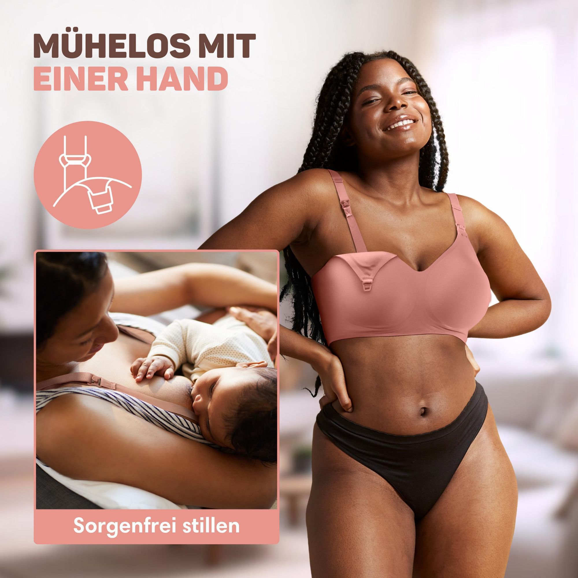 Vulpes Goods Still-BH, Ohne Bügel, Schwangerschafts-BH, Verstellbare Schulterträger, Ultraweicher Stoff, Herausnehmbare Polsterung, Rosa, XL