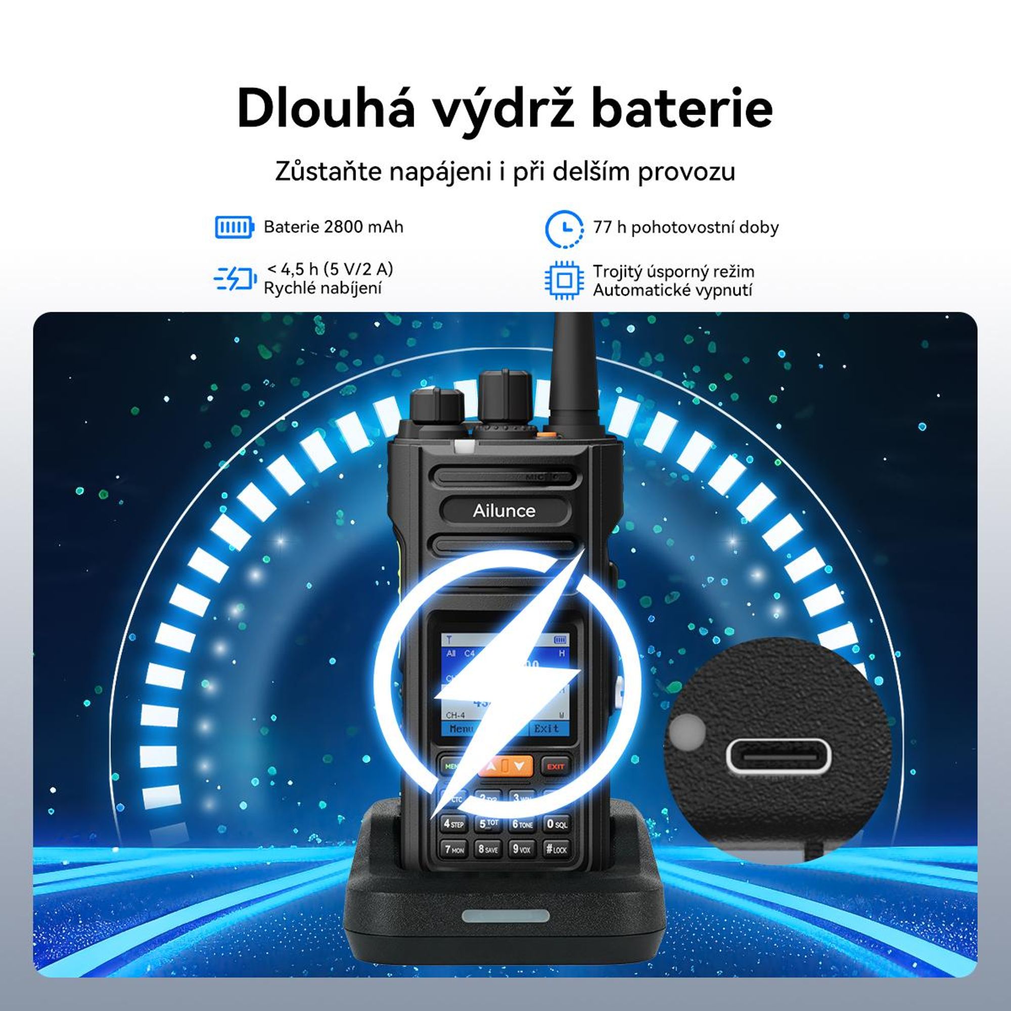 Retevis Ailunce HA2 Bluetooth rádio, radioamatérské, APP ovládání, APRS/GPS, rychlé nabíjení, IP67 vodotěsné, 2800mAh, SOS, pro radioamatéry