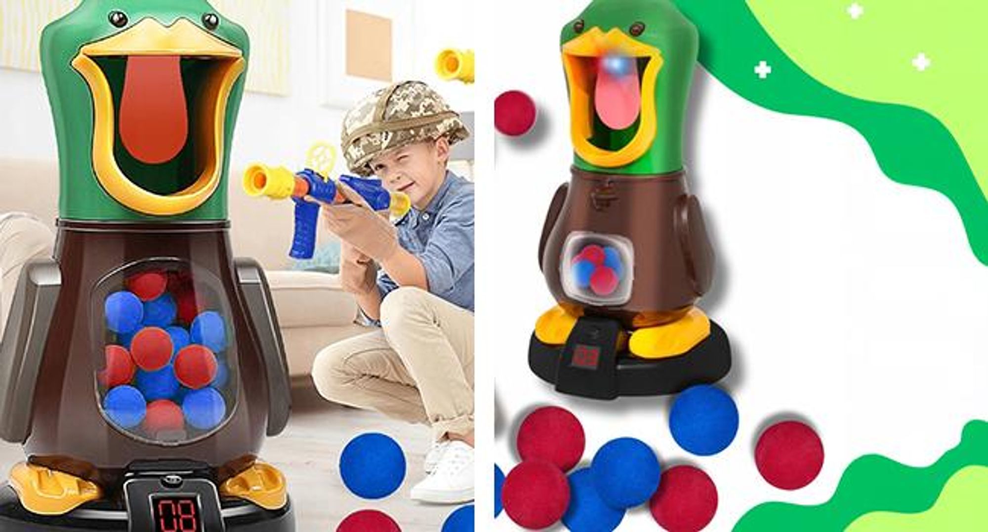 KRUMAD Hungry Duck Spielzeug ab 3 4 5 6 Jahre, Geschicklichkeitsspiel mit 2 Pistolen, 48 Schaumstoffbällen, elektronischem Trefferzähler, Licht Sound
