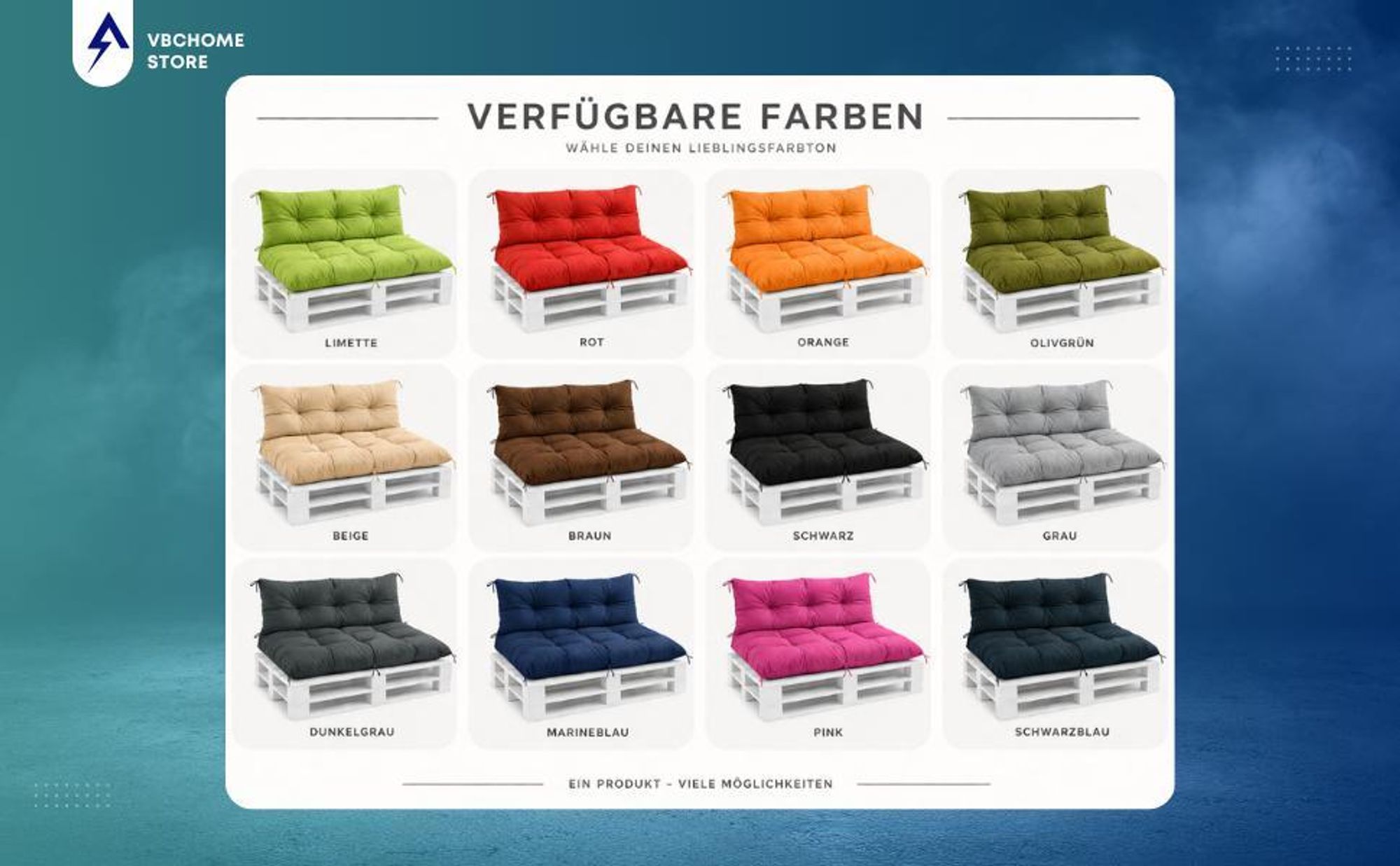 VBChome Palettenkissen 120x80 | 120x40 cm für Europaletten Möbel Palettenauflage Garten Balkon 12 Farben mit Schaumstoffflocken Füllung Orange, 2-TLG
