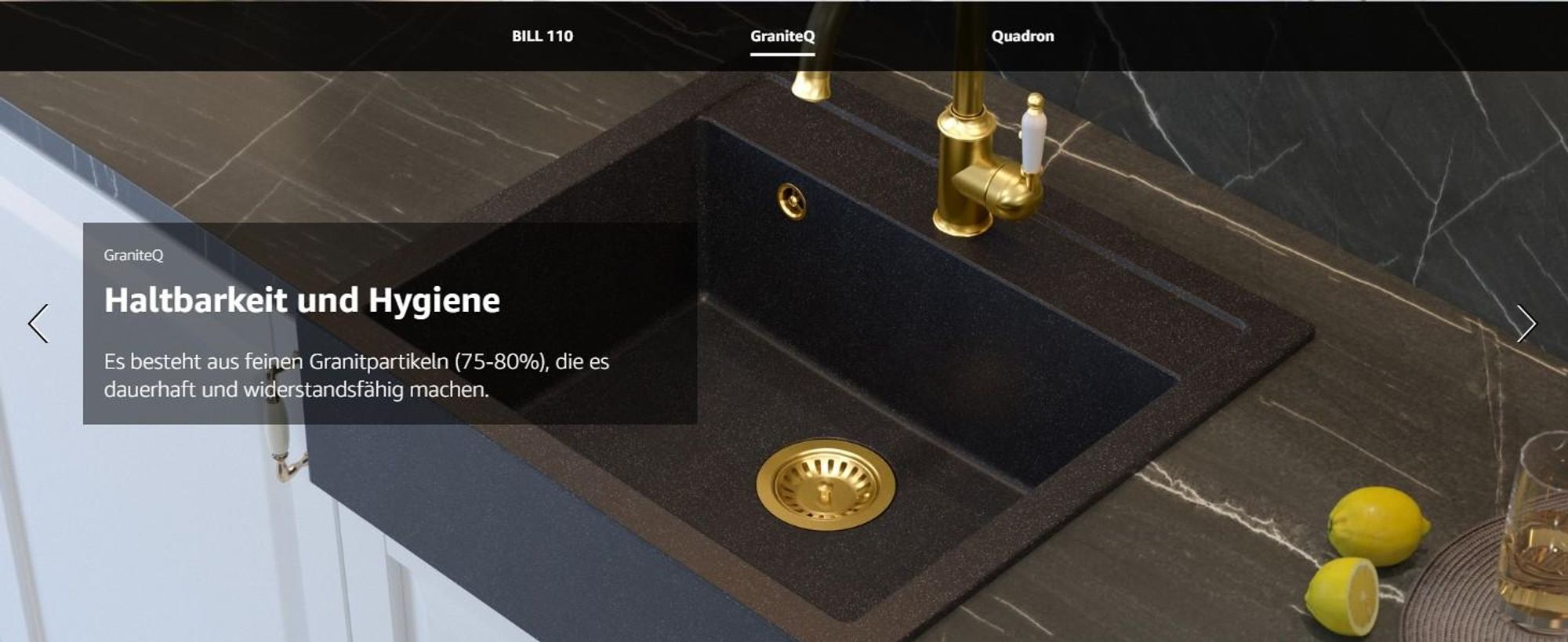 QUADRON Spülbecken 2-Becken Spüle | Größe: 59,5 x 54 x 20,5 cm | BILL 110 | Granitspüle aus GraniteQ mit Siphon | Weiß + Stahl