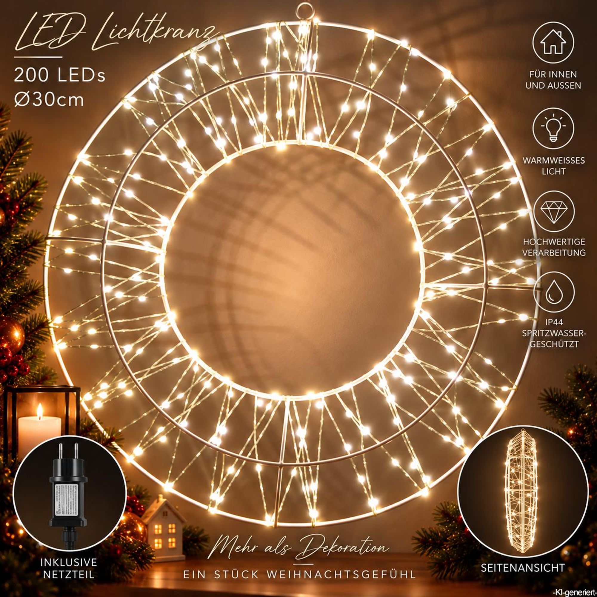 LED Lichterkranz Ø 30 cm mit 200 LEDs Warmweiß, Weihnachtskranz Metall Weiß mit Timer, IP44, Hängekranz Türkranz für Innen & Außen mit Stecker