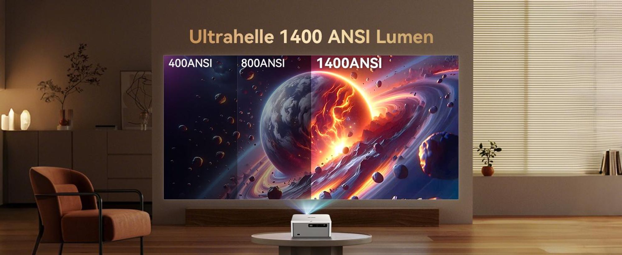 Projecteur OSCAL PV800 PRO, 1 400 lumens ANSI, prise en charge 4K, Google TV, mise au point automatique, Wi-Fi 6, 200 pouces, silencieux (moins de 35 dB)