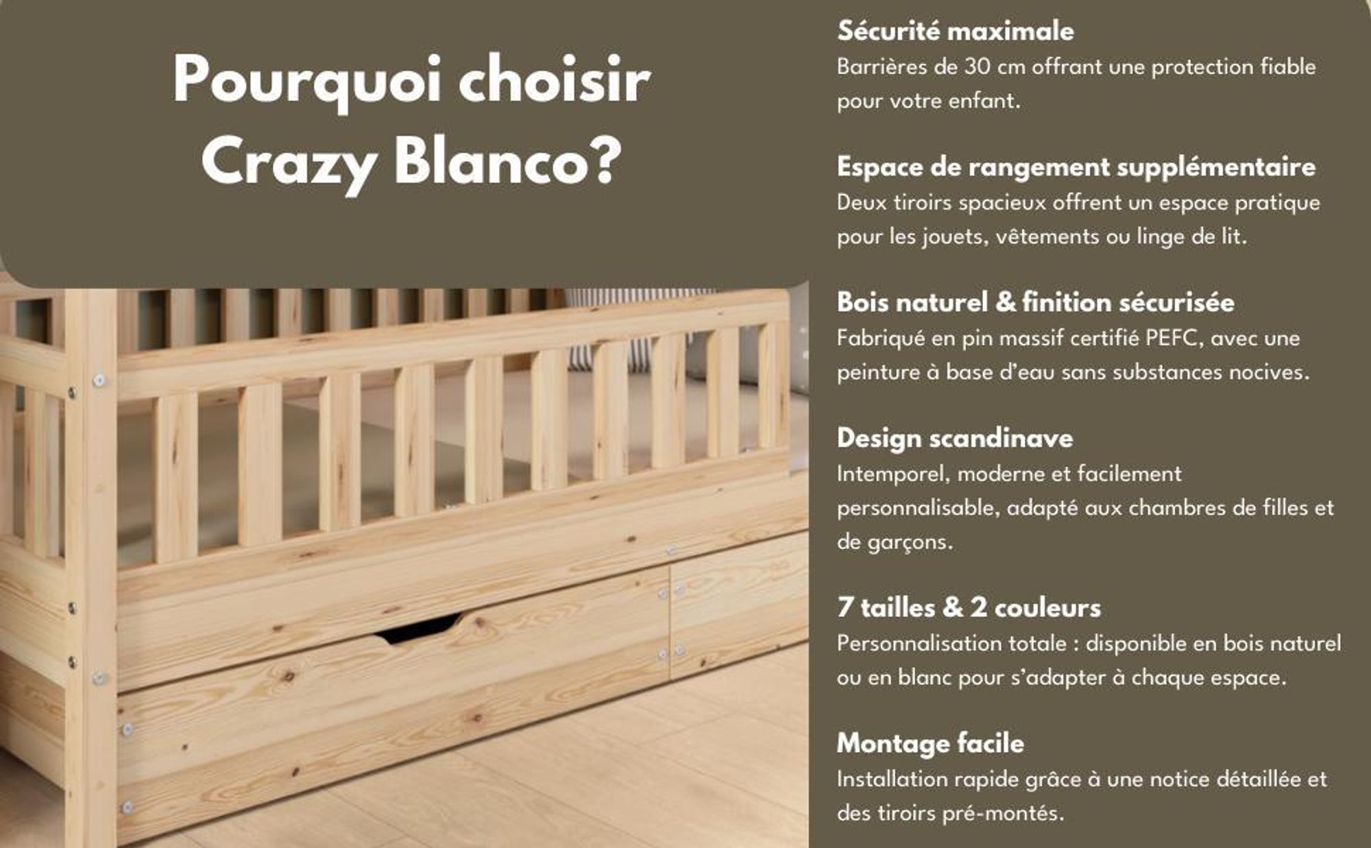 Crazy Pine Lit de maison avec tiroirs 90x200 cm - Lit d'enfant en bois naturel - Lit au sol avec espace de rangement et barrière amovible - Crazy House