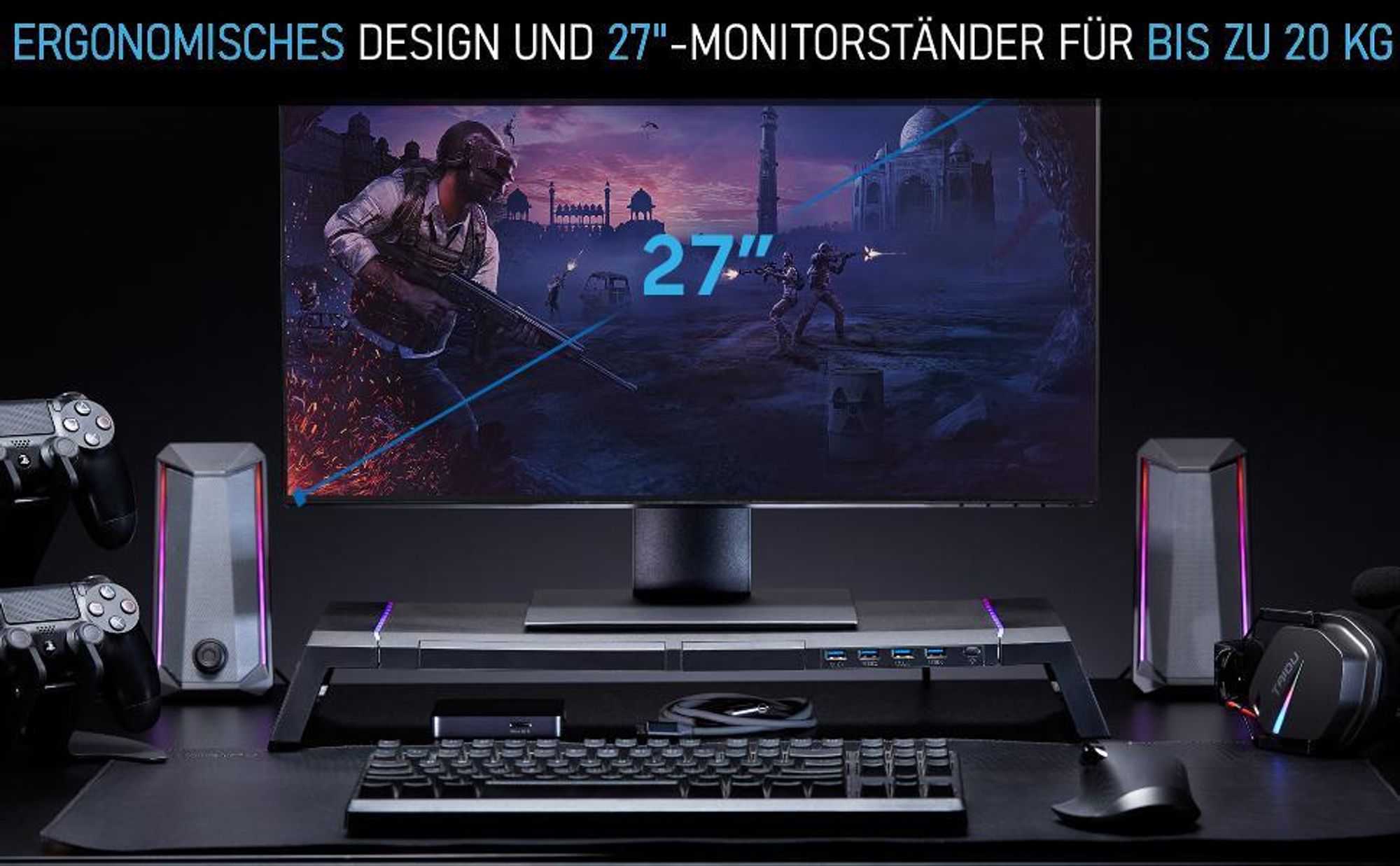 Monitorständer, Monitorerhöhung, Bildschirmerhöhung, Laptopständer, Bildschirmerhöhung mit Smartphone-Halter, mit Ablagefach und 4 USB Anschlüsse
