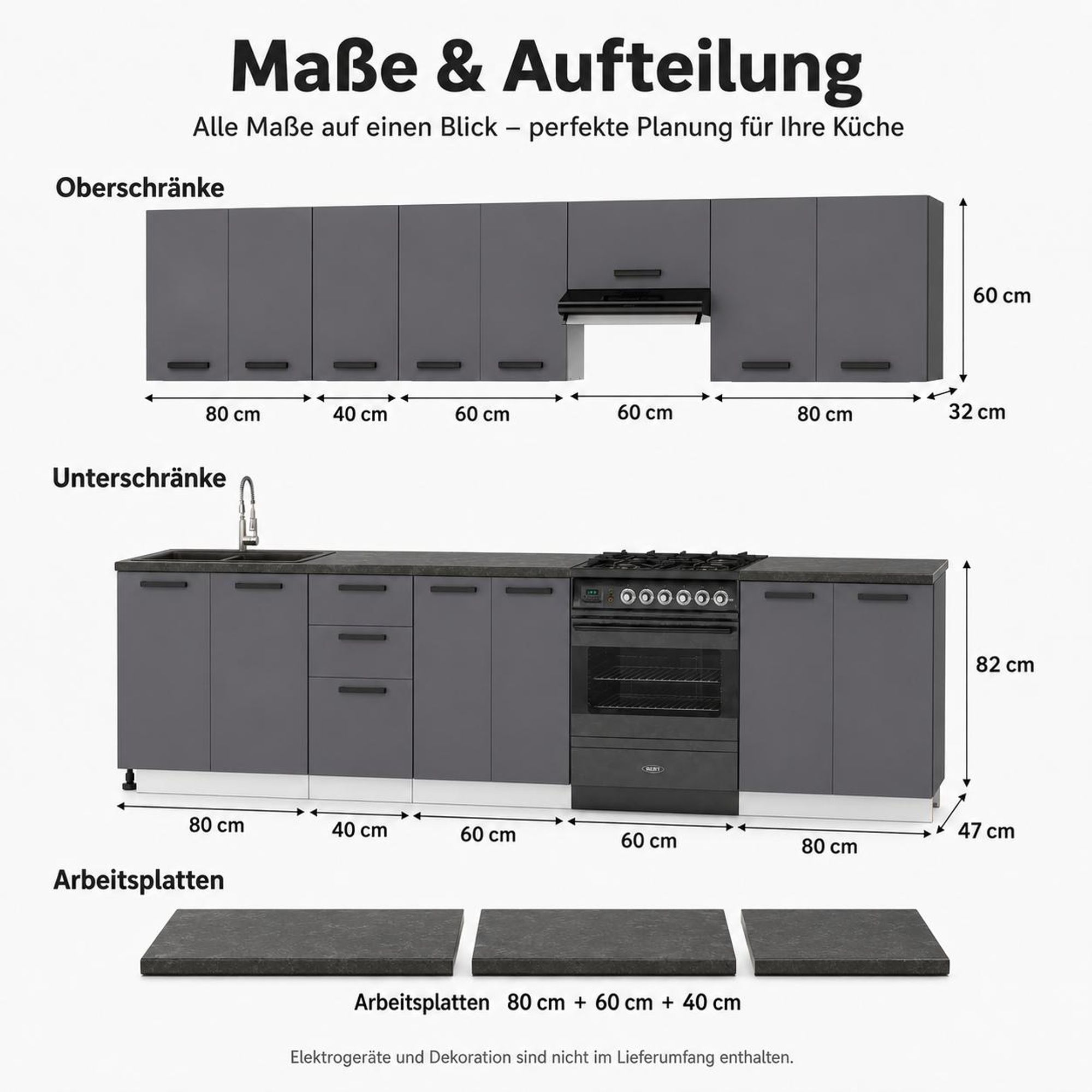 Küchenzeile 320 cm Anthrazit: Maße & Schrank-Aufteilung im Detail