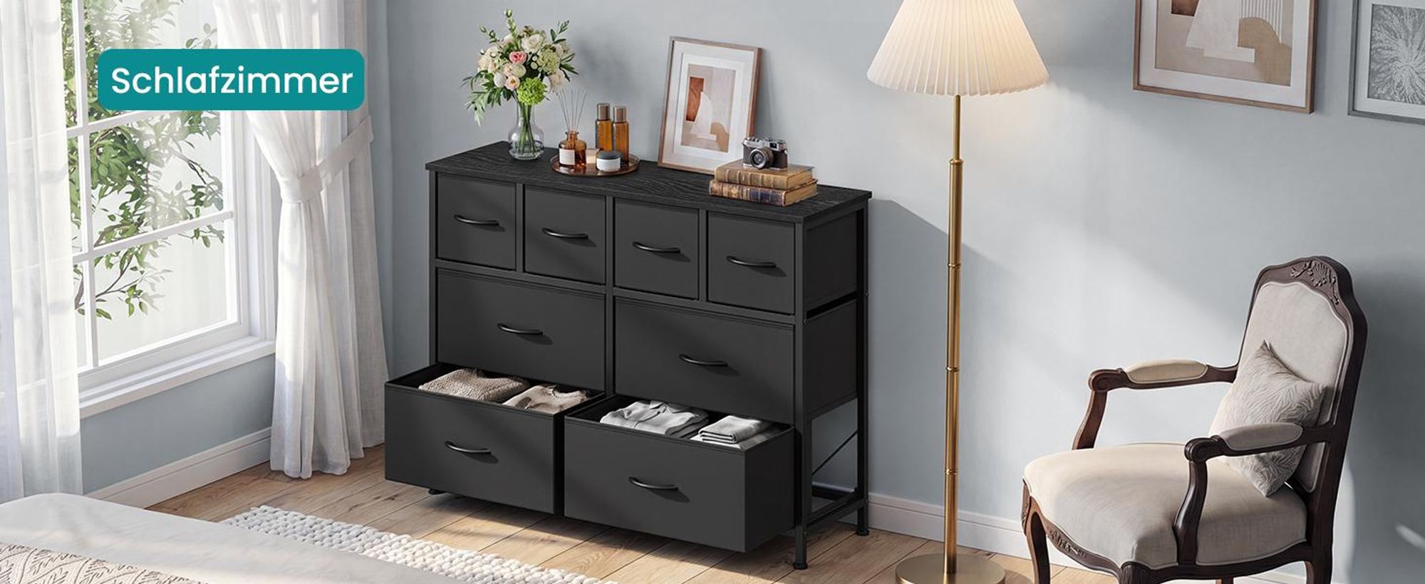 SONGMICS Kommode mit 8 Stoffschubladen, Aufbewahrungsschrank mit Metallrahmen, 98,7 x 30 x 74,7 cm, Schwarz