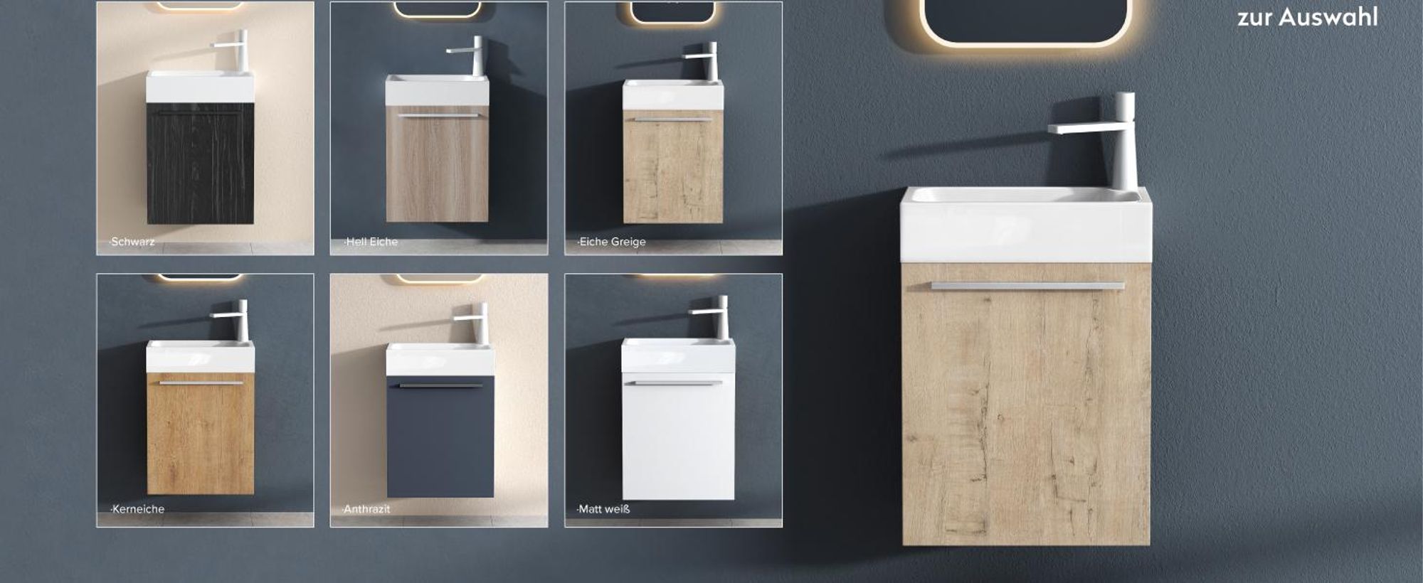 doporro Badmöbel Set Waschtisch mit Unterschrank Waschbecken-Unterschrank für Gäste-WC 46cm in Eiche Greige Design Waschplatz Wandmontage Pisa 02
