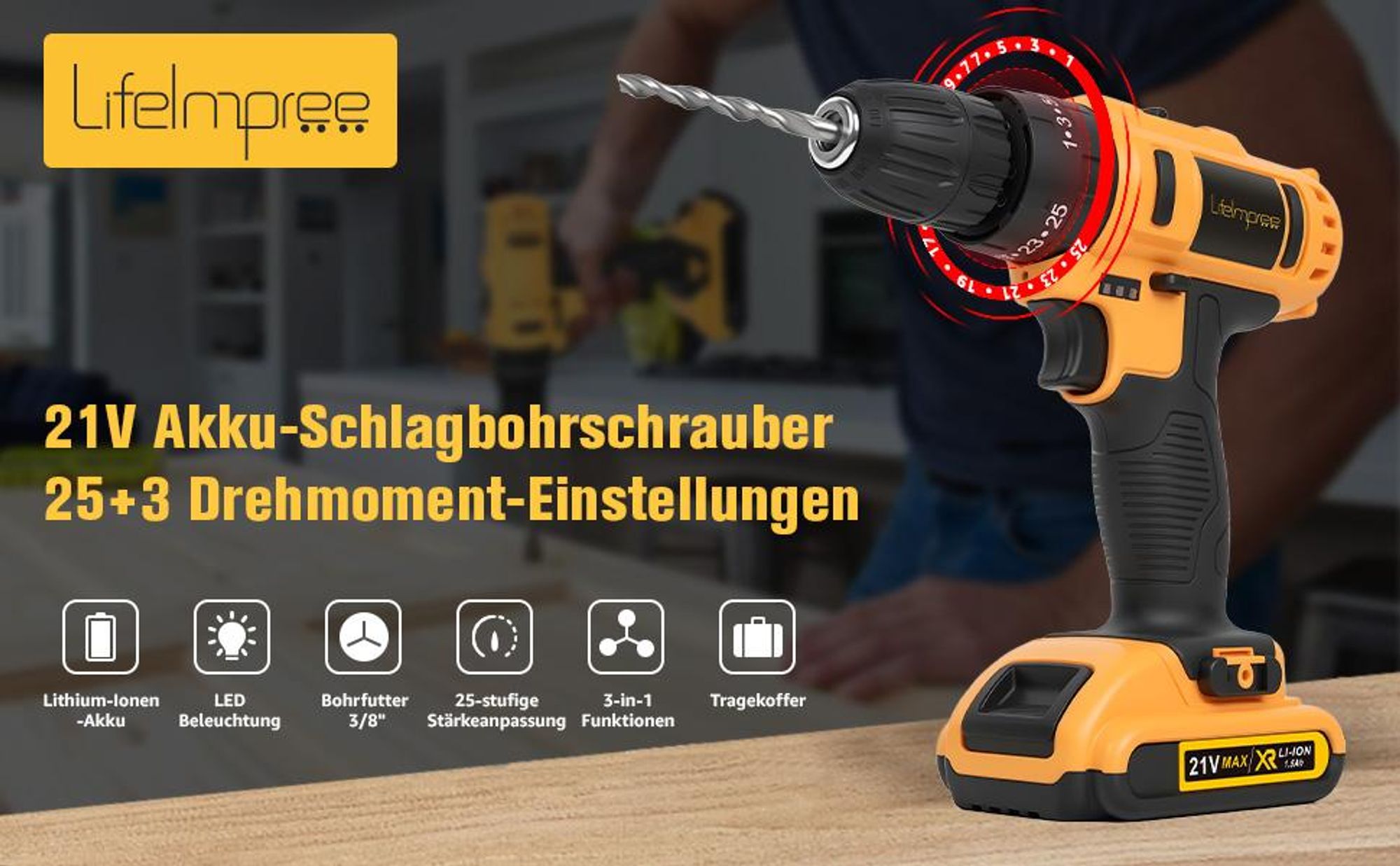 LifeImpree 21V Akkuschrauber Set, Akkubohrer mit 108PCS Werkzeugkoffer, 45 N.m Max akku bohrmaschine mit 2 x 1500mAh Akkus, 2 Gang, 25+3 Drehmomentstufen, LED Licht, für Haus und Garten DIY Projekt
