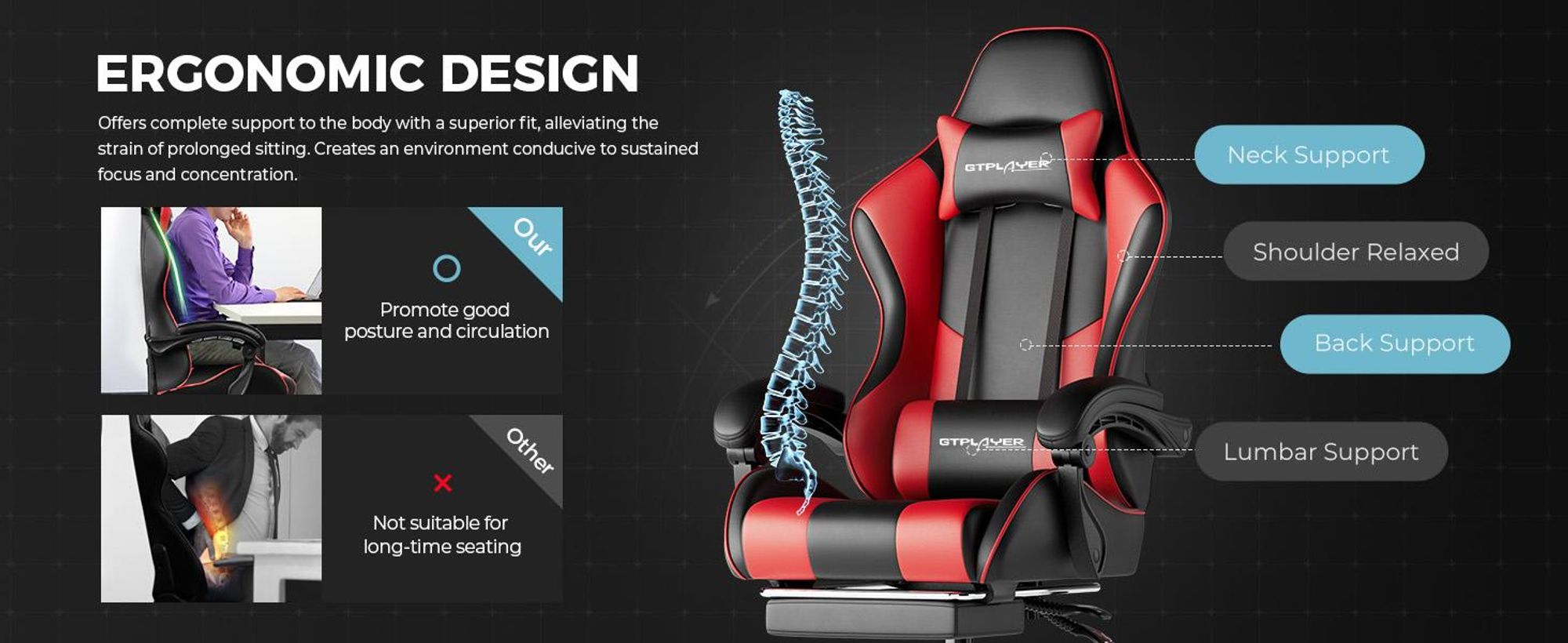 GTPLAYER chaise de jeu, chaise de bureau ergonomique avec fonction de massage et repose-pieds, poignée de connexion, base en acier, rouge