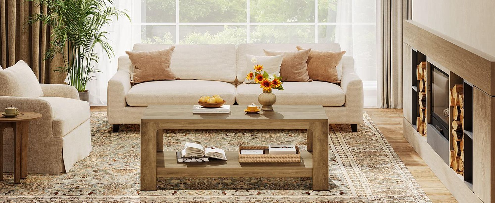 Tribesigns Couchtisch, 2-stöckiger Beistelltisch mit Stauraum, 120 cm rechteckig, für Wohnzimmer, Büro, Schlafzimmer, Holzfarbe