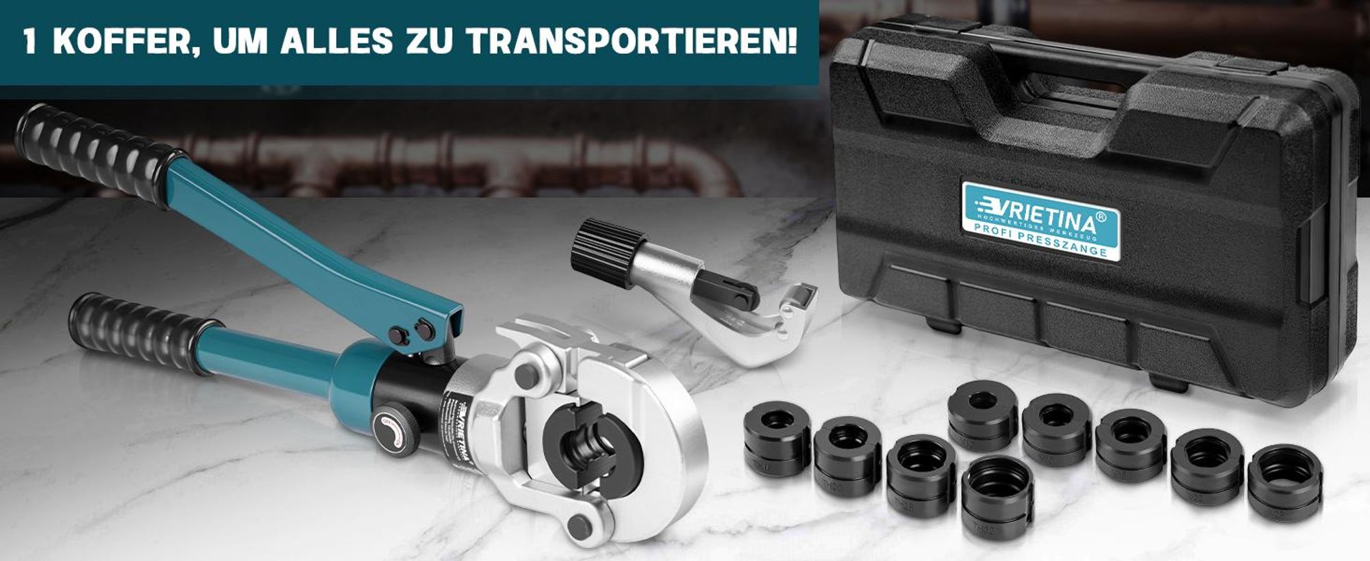 Profi Presszange V-Kontur und TH-Kontur mit Rohrabschneider Handpresszange mit V12 V15 V18 V22 V28 & TH16 TH20 TH26 TH32 für Kupferrohr Verbundrohr
