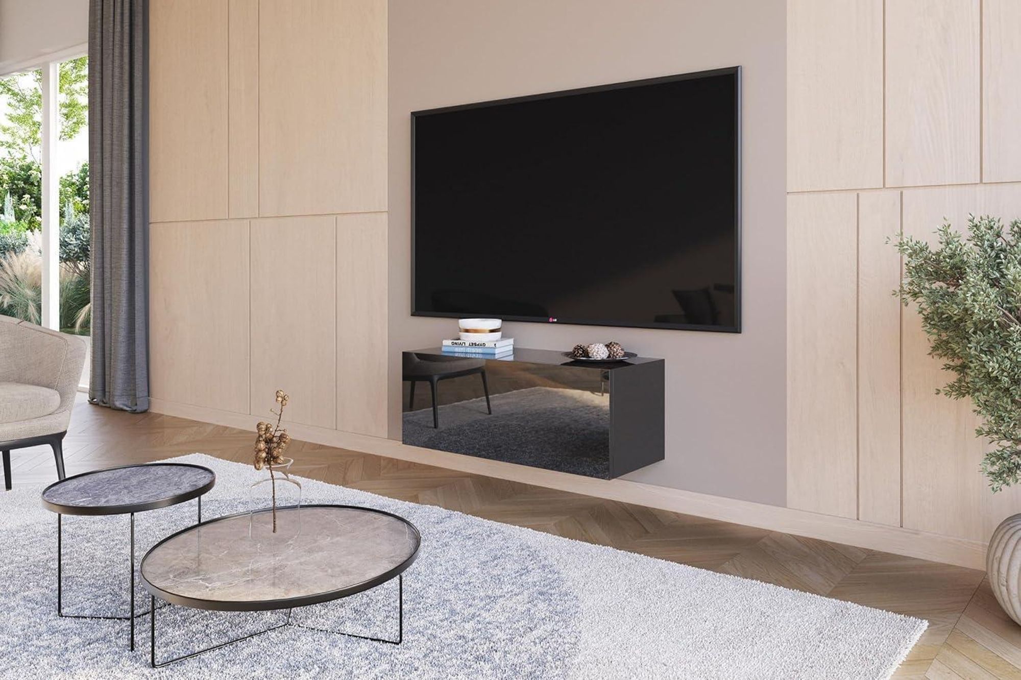 Wohnwand Schwarz Full Hochglanz TV Lowboard 180 cm Hängeschrank TV Board Hängend Schrank Fernsehschrank TV Bank Wohnzimmer Möbel  Modern Wandschrank