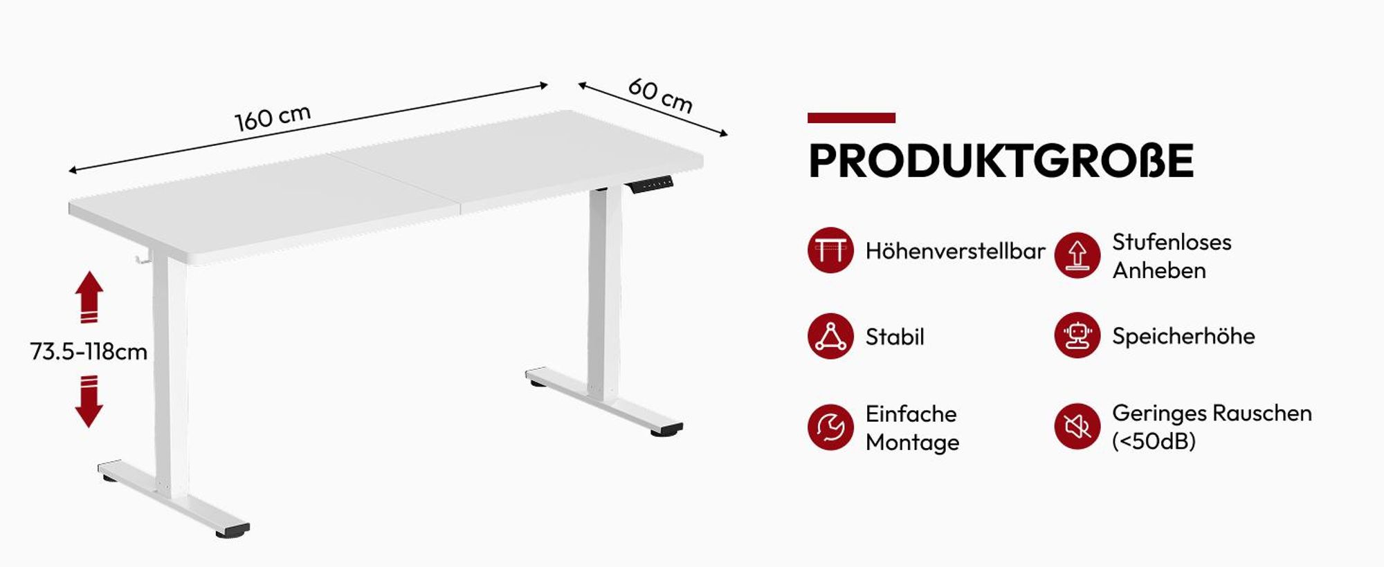 SANODESK Höhenverstellbarer Schreibtisch 160x60cm elektrisch 4 Memory-Funktion, Antikollisionsschutz, 70kg Tragkraft, mit Haken und Ablagebox (Weiß)