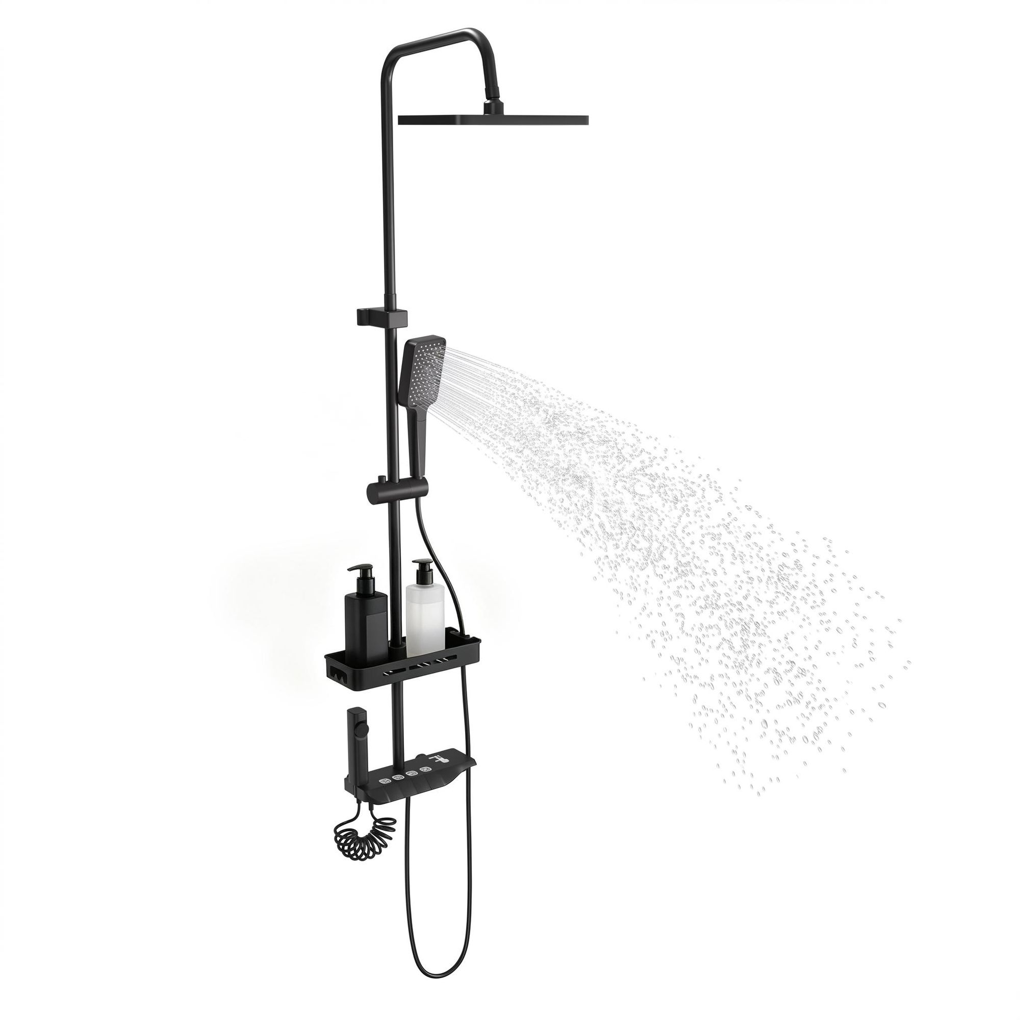 ROSEJANE Duscharmatur Komplettset mit Klavierknopf, höhenverstellbar 103–130 cm, Regendusche 27 × 17,5 cm, 2 Handbrausen, Ablage, Grau