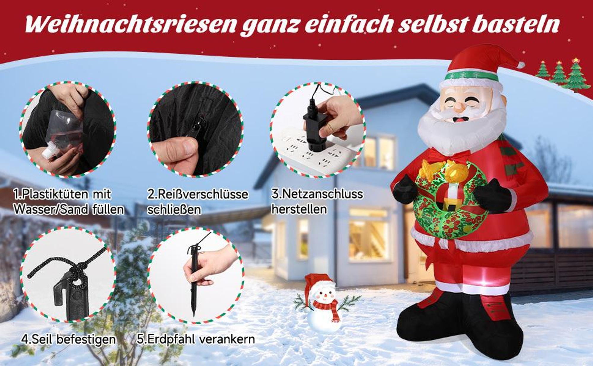 Aufblasbarer Weihnachtsmann 150cm mit Kranz LED Beleuchtung IP44 Außen Weihnachtsdeko Santa Nikolaus Weihnachtsfigur Garten Deko Christmas