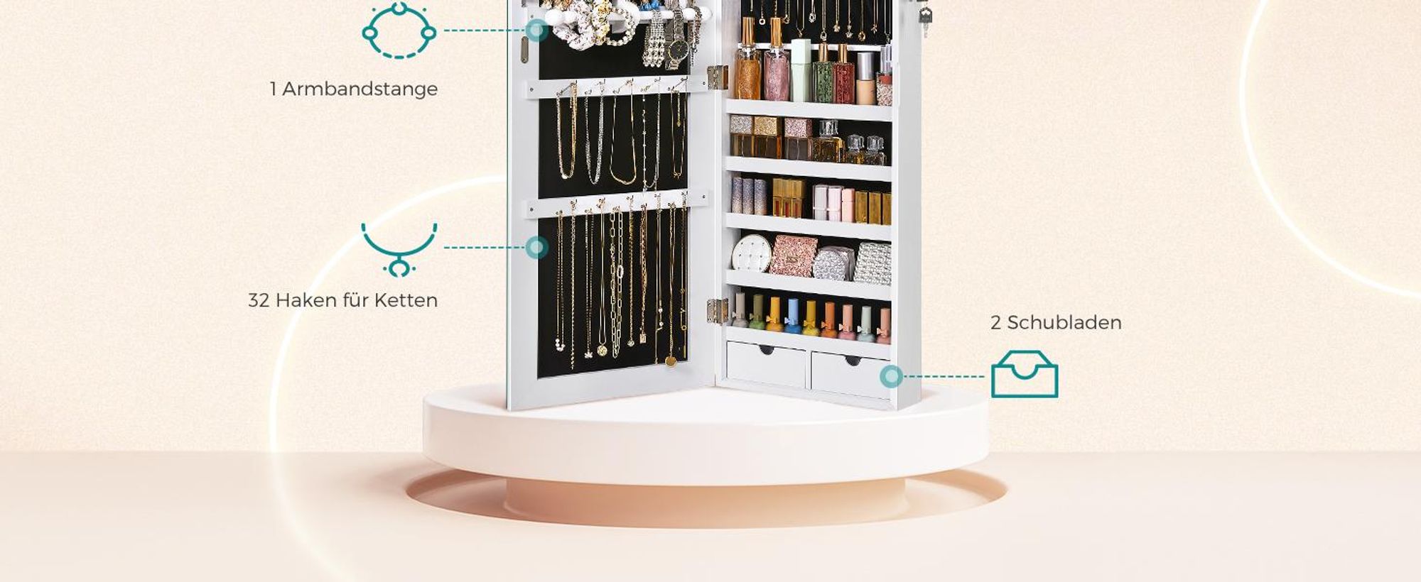 SONGMICS Schmuckschrank Spiegelschrank mit LED und Ganzkörperspiegel, weiß