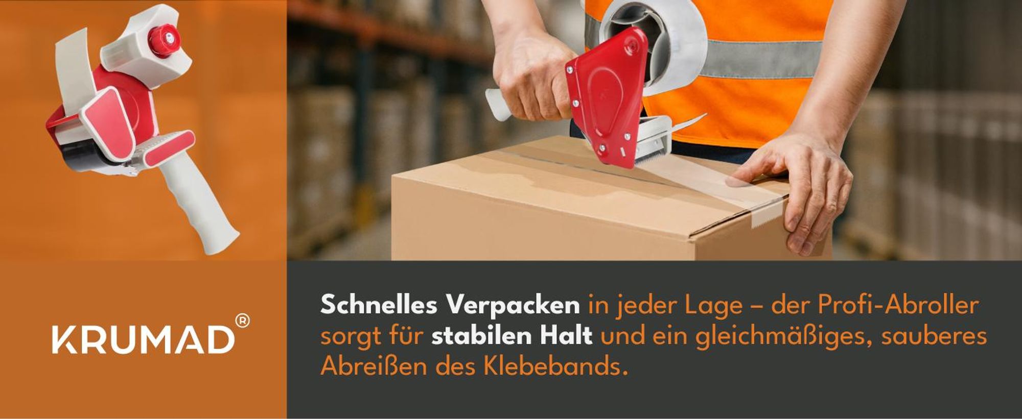 KRUMAD Paketbandabroller 48–50 mm – robuster Handabroller mit ergonomischem Griff – Klebebandabroller für Umzug, Lager, Büro & Versand