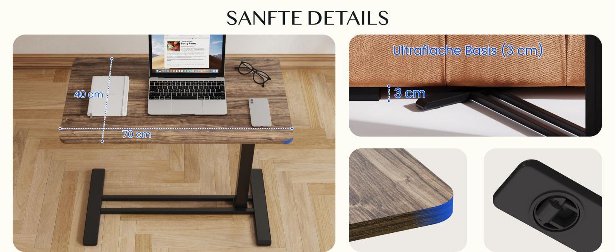 FLEXISPOT Beistelltisch Höhenverstellbar in C-Form, Laptoptisch mit Rollen, 66–106 cm, Nachttisch, für Bett und Sofa, Schwarz