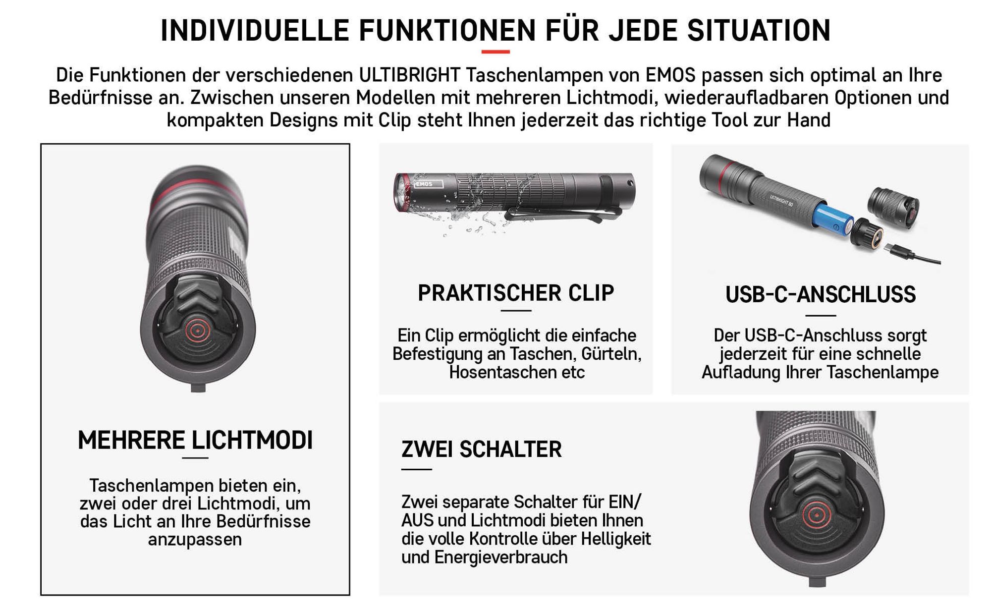 EMOS aufladbare Metall-Taschenlampe mit Fokus, superhelle 600 lm CREE-LED, 230 m Leuchtweite, wasserdicht, 3 Lichtmodi, Band und Beutel, P3180