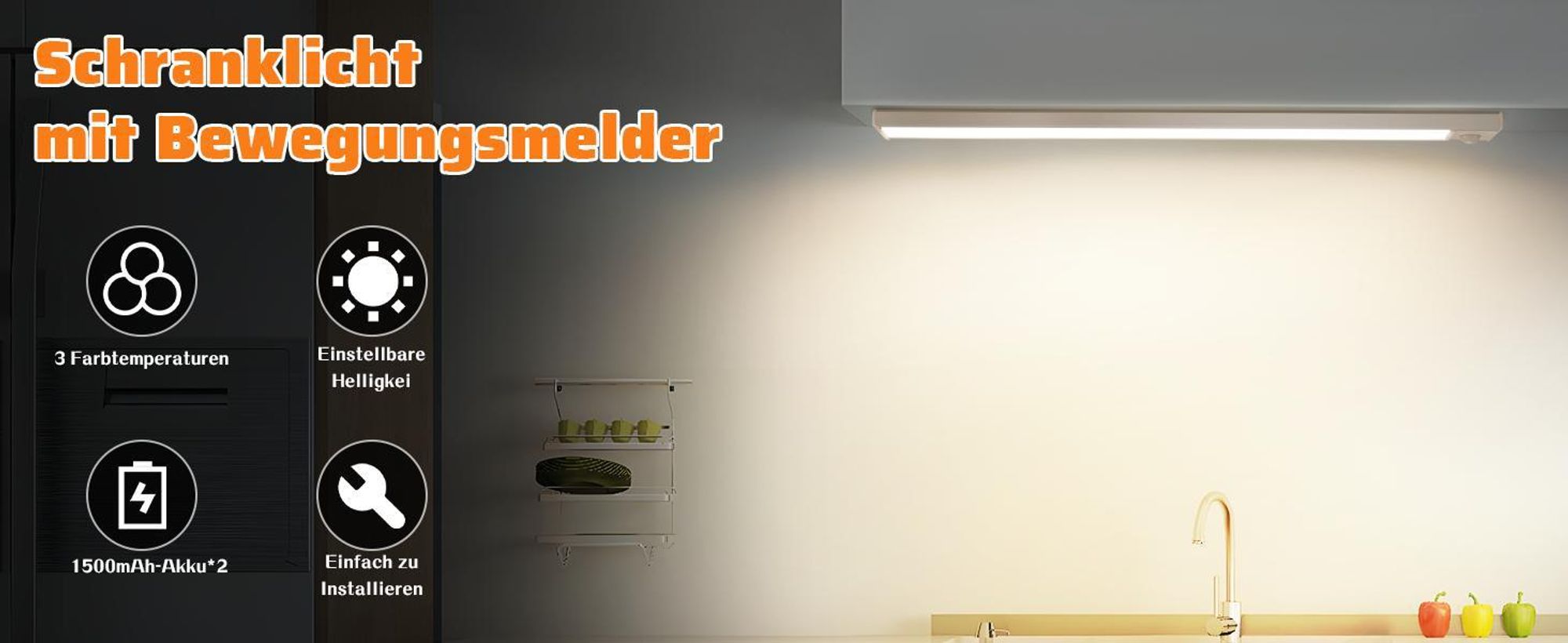 ZMH Unterbauleuchte mit Bewegungsmelder Dimmbar Schrankleuchte USB Küche Led 40CM Schrankbeleuchtung 3 Farbtemperatur  Wiederaufladbar Lichtleiste