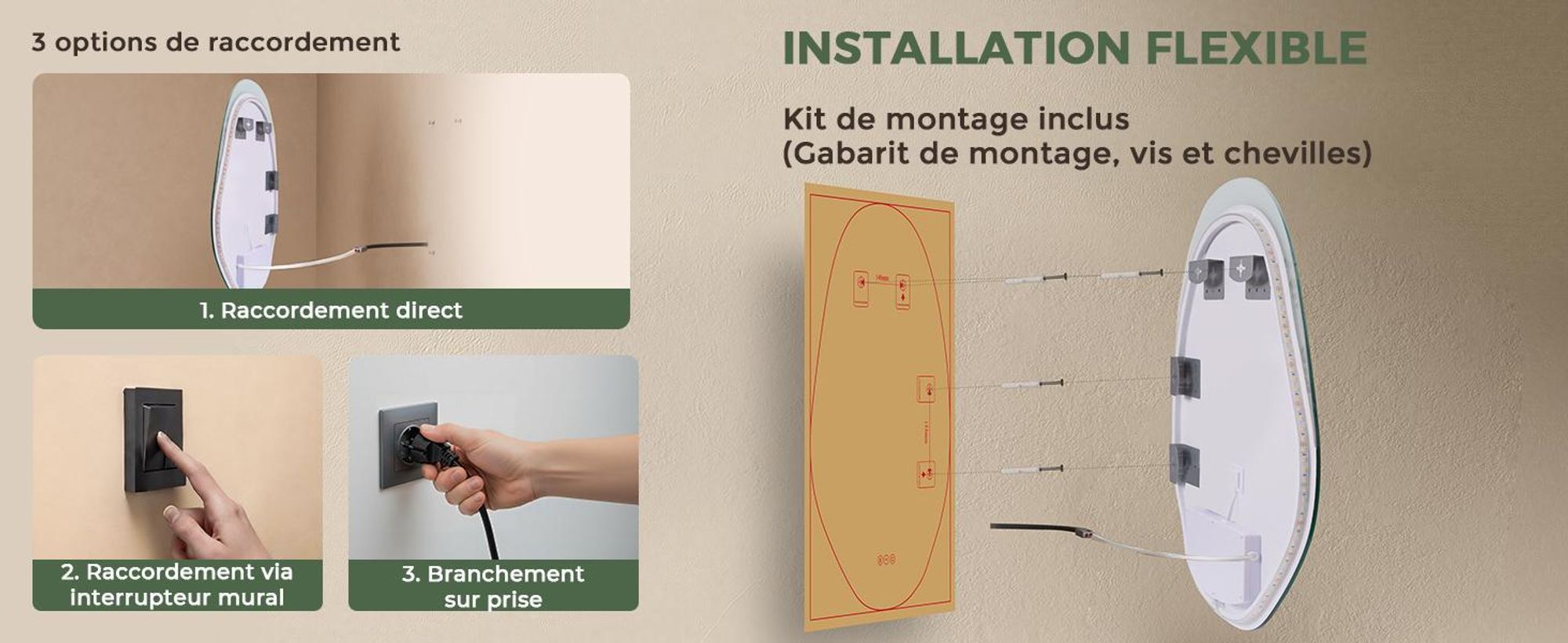 S'AFIELINA Miroir Salle de Bain LED 48 × 72 cm, Asymétrique, Sans Cadre,3 couleurs d’éclairage, luminosité réglable, anti-buée et mémoire