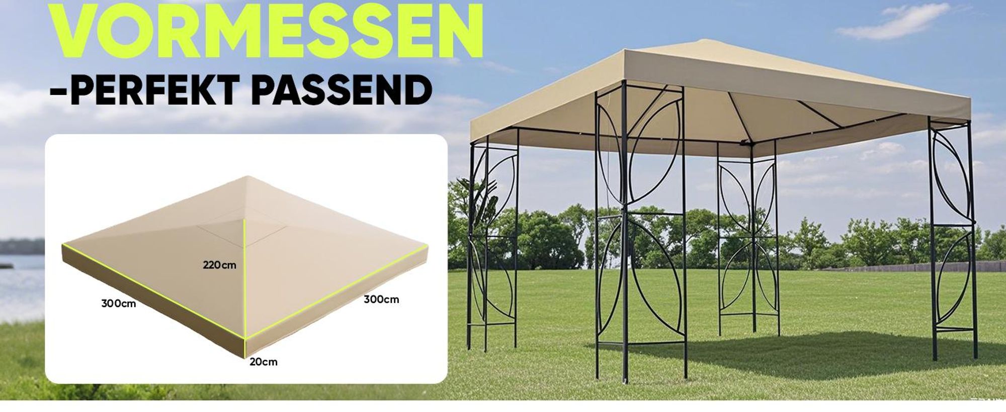 Sekey Pavillon Ersatzdach 3 x 3 m Wasserdicht 1000D Polyester mit doppelter PolyurethanBeschichtung für Gartenpavillon