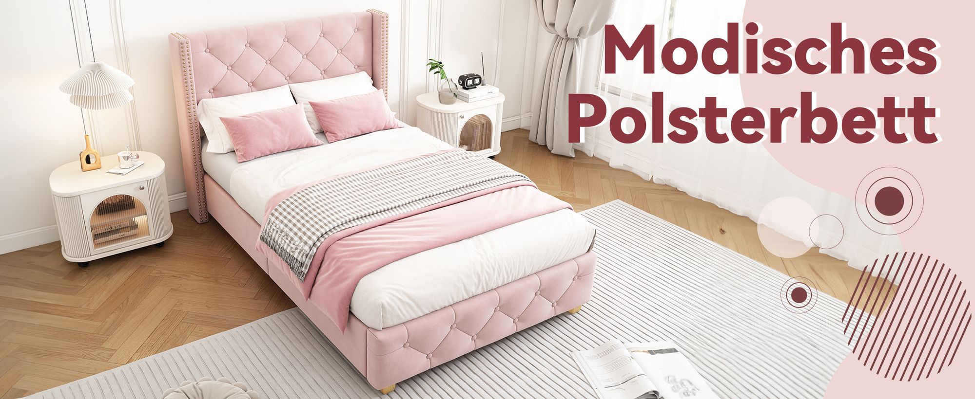 MODFU Polsterbett 90×200cm Jugendbett mit Lattenrost und Kopfteil, Einzelbett Bettgestell mit Holzbeine, Samt, Rosa(Mit Matratze)