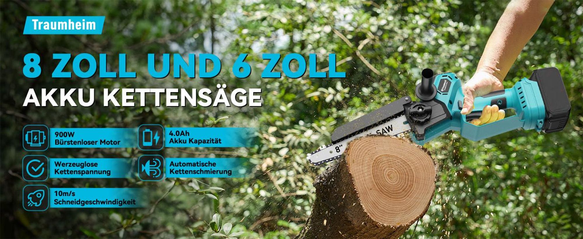 Bürstenlose Mini-Kettensäge, 6+8 Zoll Stromkettensäge, 2x4.0Ah Akku Kettensäge, tragbare Handheld-Säge zum Trimmen von Holz,Holzschnitt,Gartenwerkzeug