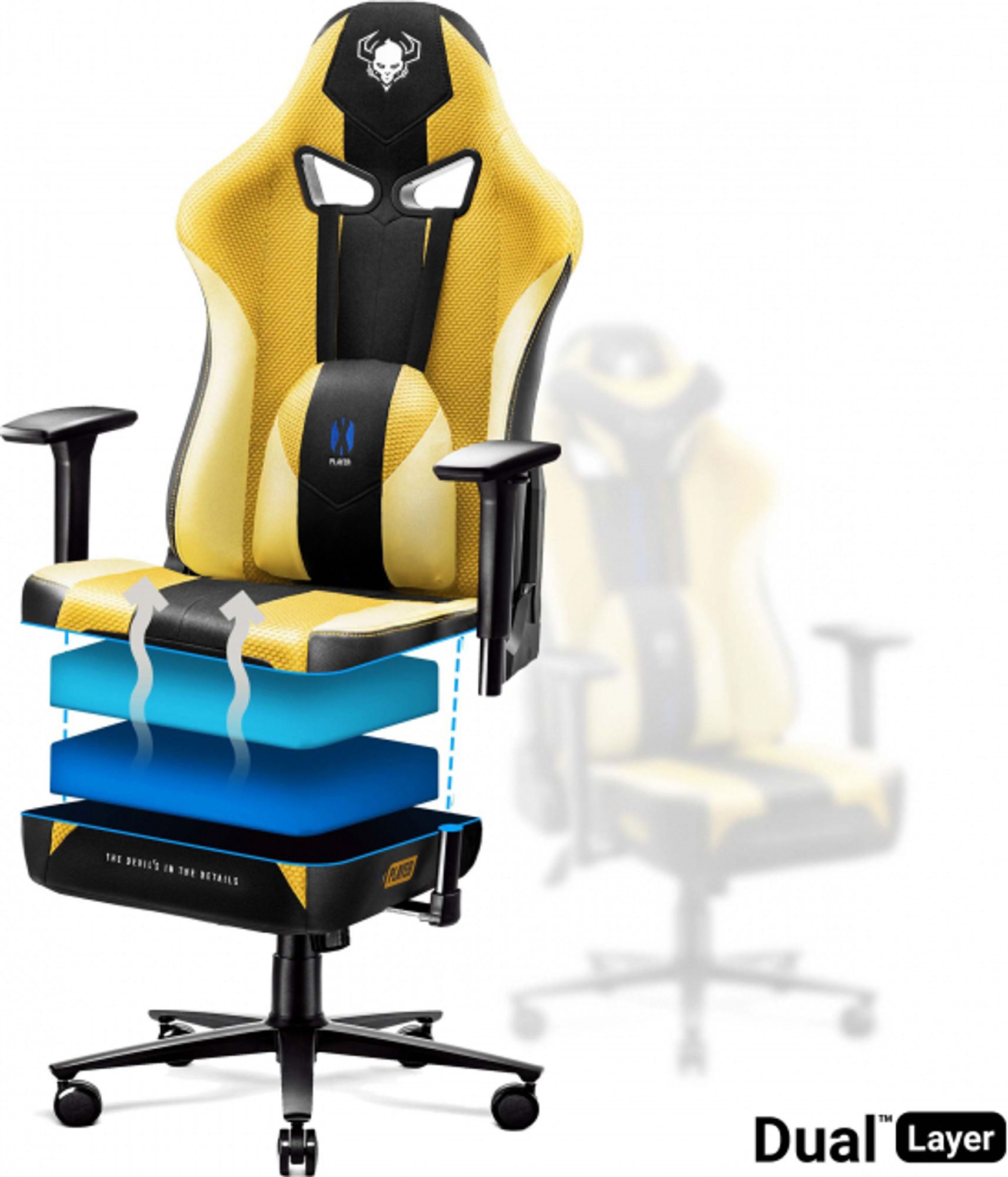 Diablo X-Player Gaming Stuhl Bürostuhl Schreibtischstuhl Stoff 3D Armlehnen Ergonomisches Design Nacken/- Lendenkissen (Dark Sunflower, XL)